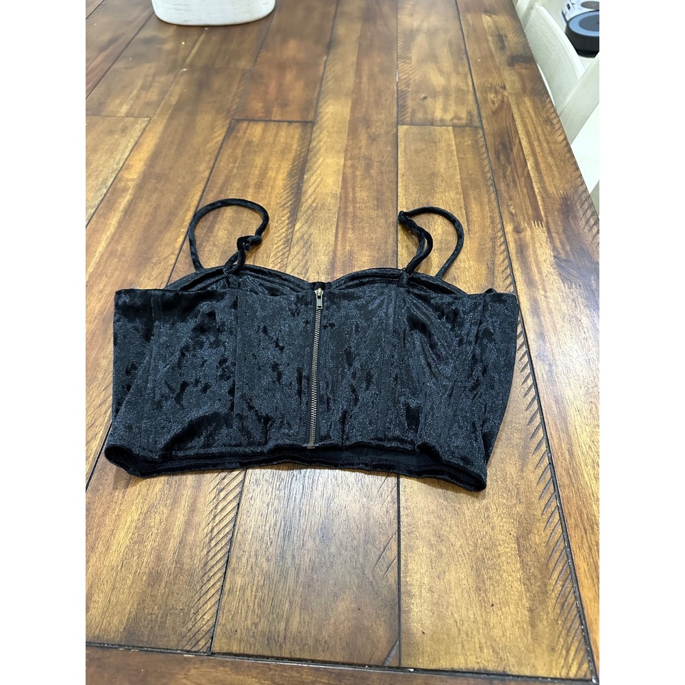 Love Crazy Corset Crop Top Womens Small Black Excellent Velvet Bustier Zip Back - Picture 5 of 8